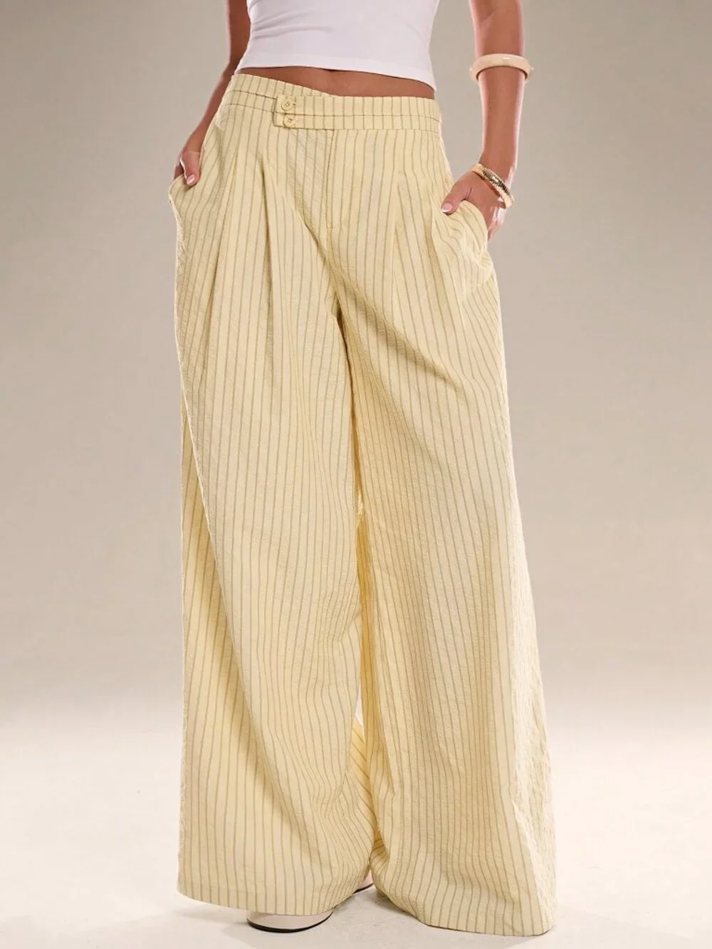 Yellow Casual Chic Women's Striped Waist Trousers